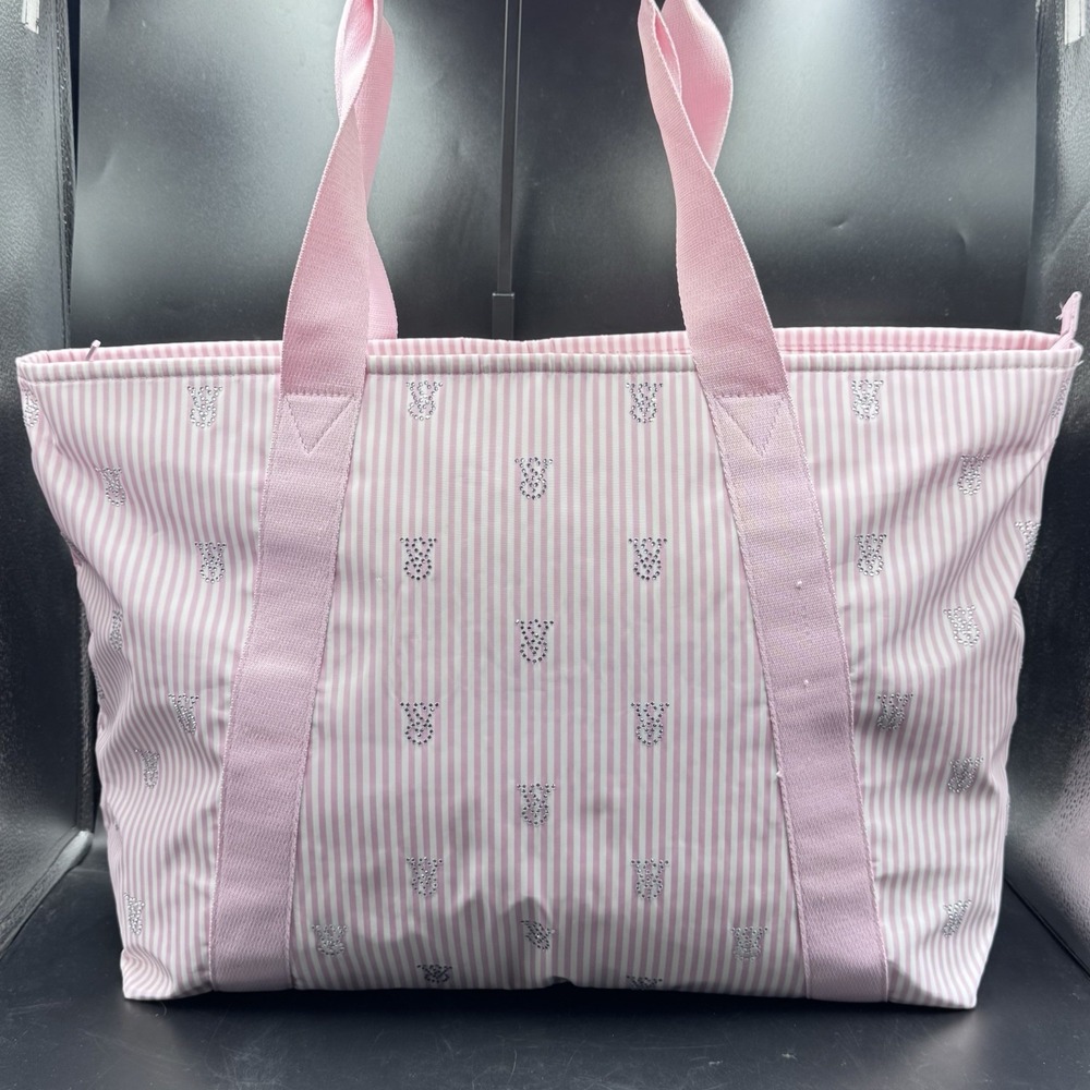 NEW Victoria's Secret Tote Bag Pink Stripe Rhinestone Logo Y2K Heritage Shine